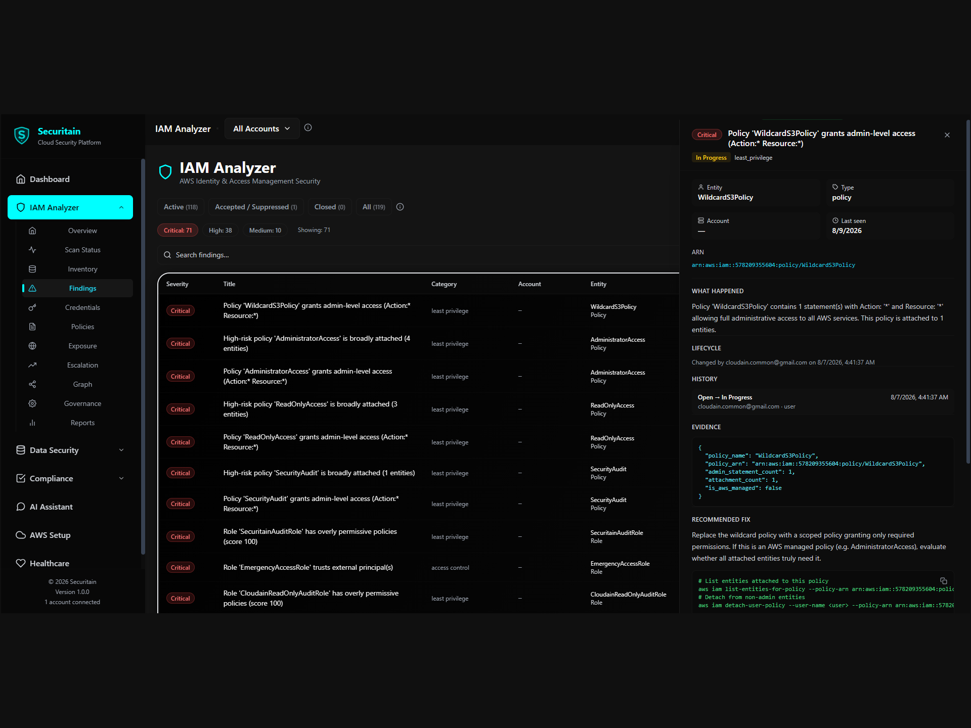 Securitain finding details view with evidence and recommended fix