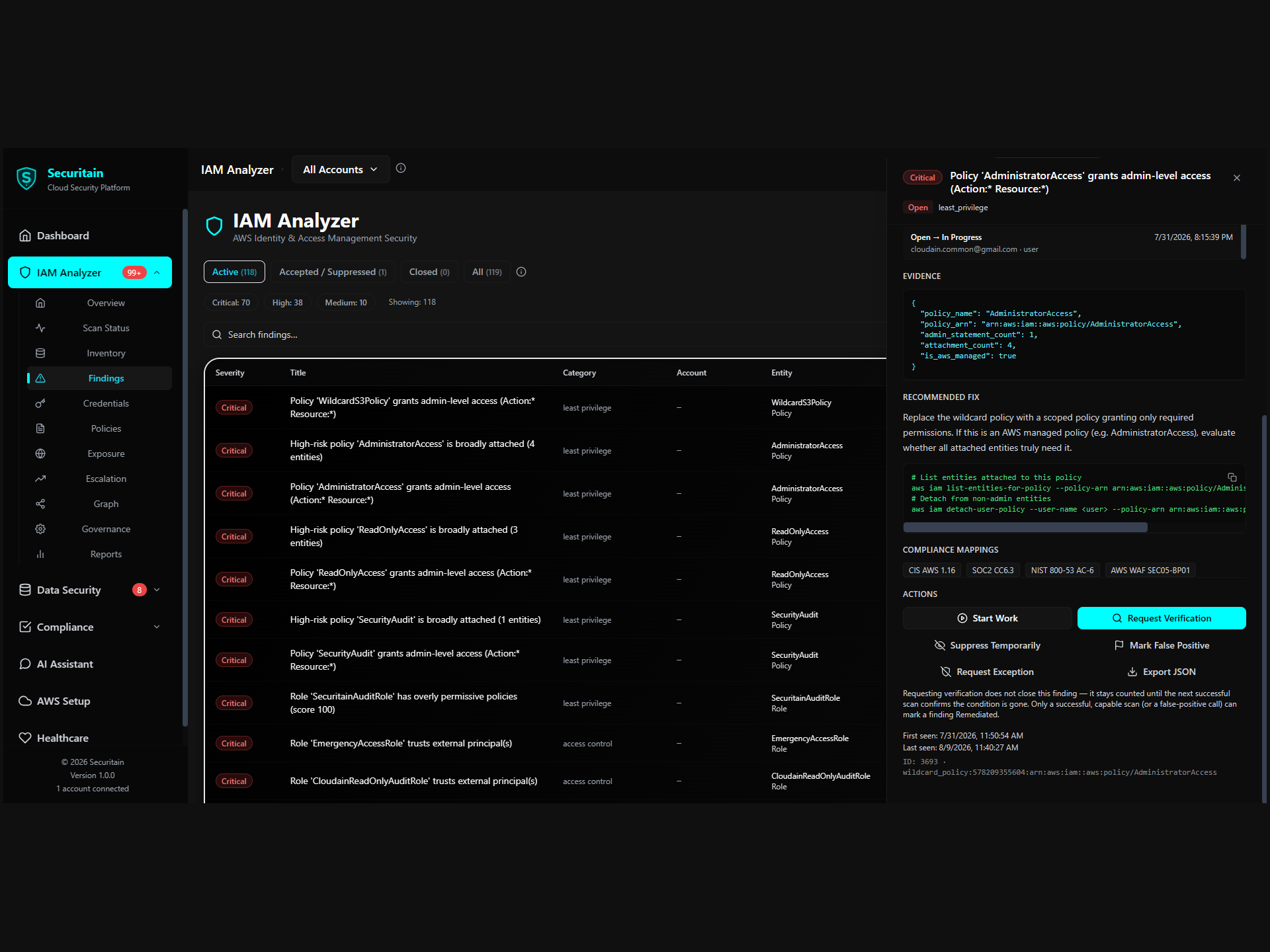 Securitain finding-to-control compliance mappings and remediation actions