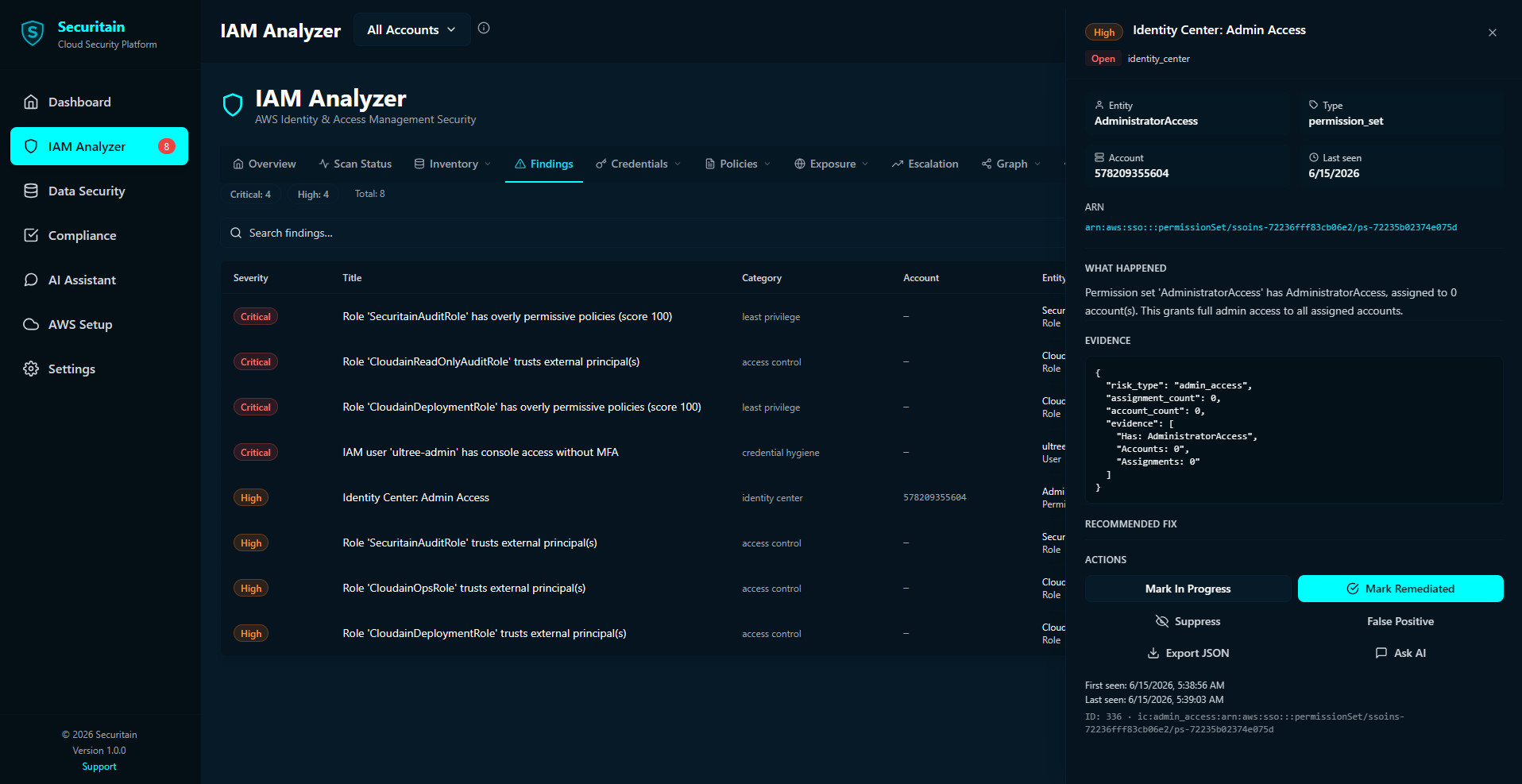 Securitain dashboard screenshot