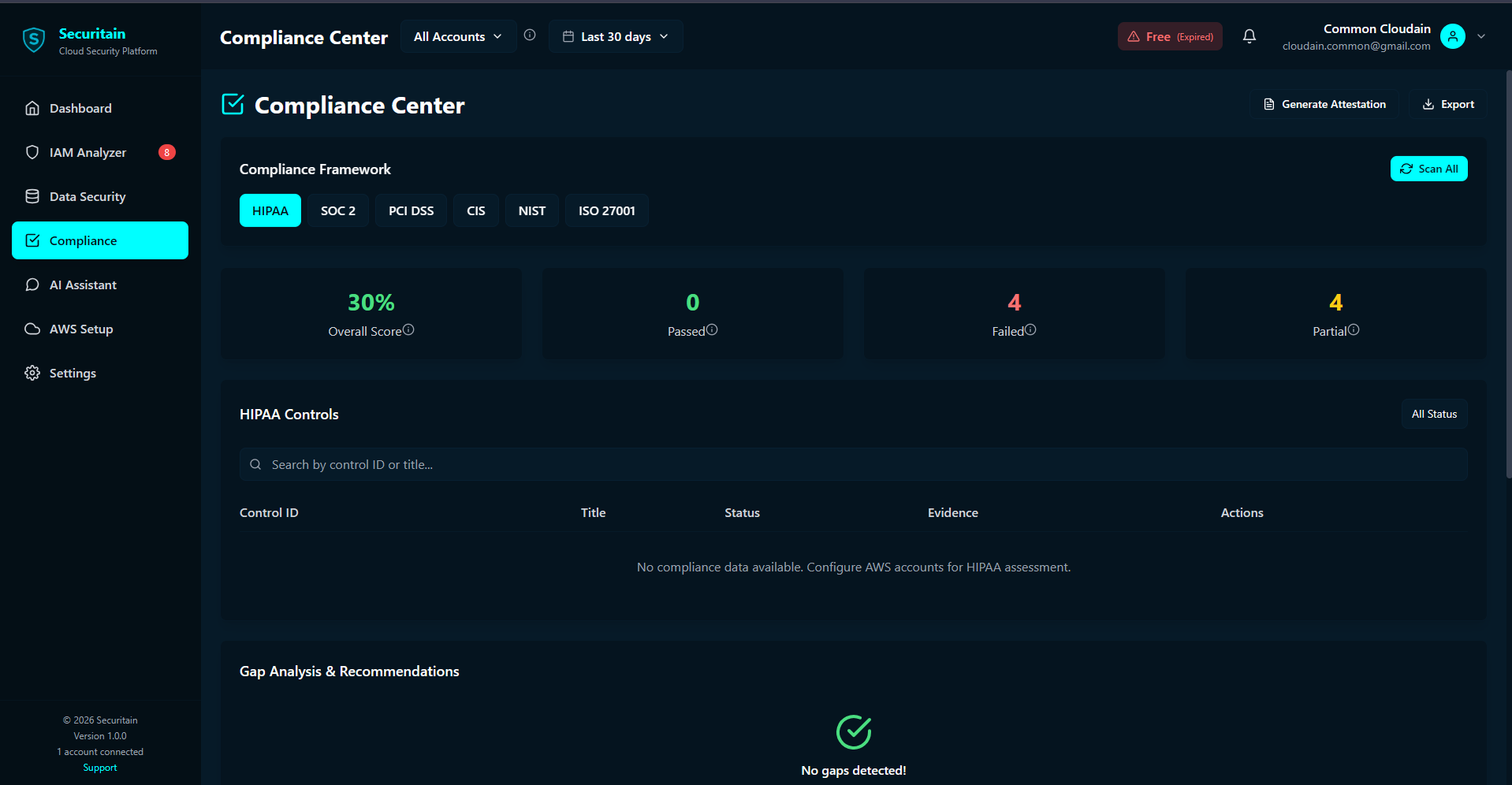 Securitain dashboard screenshot